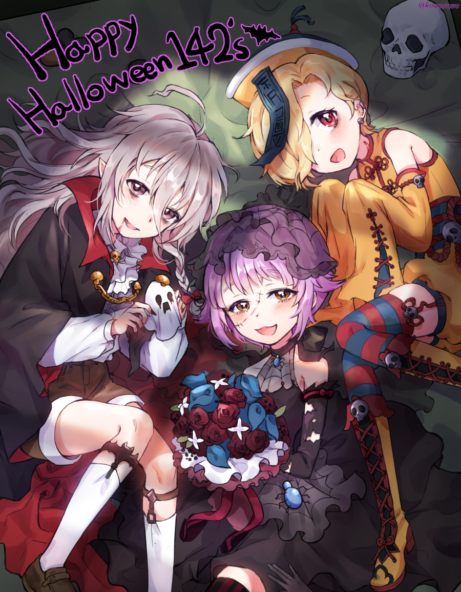 3girls ahoge bags_under_eyes bare_shoulders bat blonde_hair blood blood_from_mouth bouquet brown_eyes china_dress chinese_clothes commentary detached_sleeves dress earrings fake_blood fang flower garter_straps halloween happy_halloween hat holding hoshi_shouko idolmaster idolmaster_cinderella_girls idolmaster_cinderella_girls_starlight_stage jewelry jiangshi_costume kawaii_boku_to_142's koshimizu_sachiko lerome looking_at_viewer lying multiple_girls ofuda open_mouth purple_hair red_eyes rose shirasaka_koume silk silver_hair skull sleeves_past_fingers sleeves_past_wrists spider_web stitched_face twitter_username vampire_costume zombie