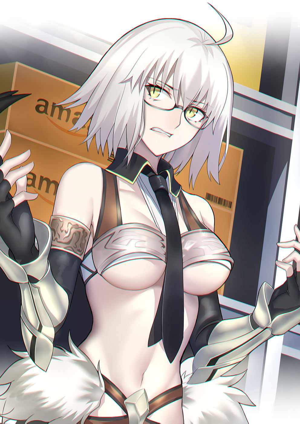 1girl ahoge amazon_(company) arm_guards box breasts cardboard_box cosplay fate/grand_order fate_(series) fingerless_gloves glasses gloves grey_hair highres jeanne_d'arc_(alter)_(fate) jeanne_d'arc_(fate)_(all) navel necktie penthesilea_(fate/grand_order) penthesilea_(fate/grand_order)_(cosplay) shiguru underboob warehouse yellow_eyes