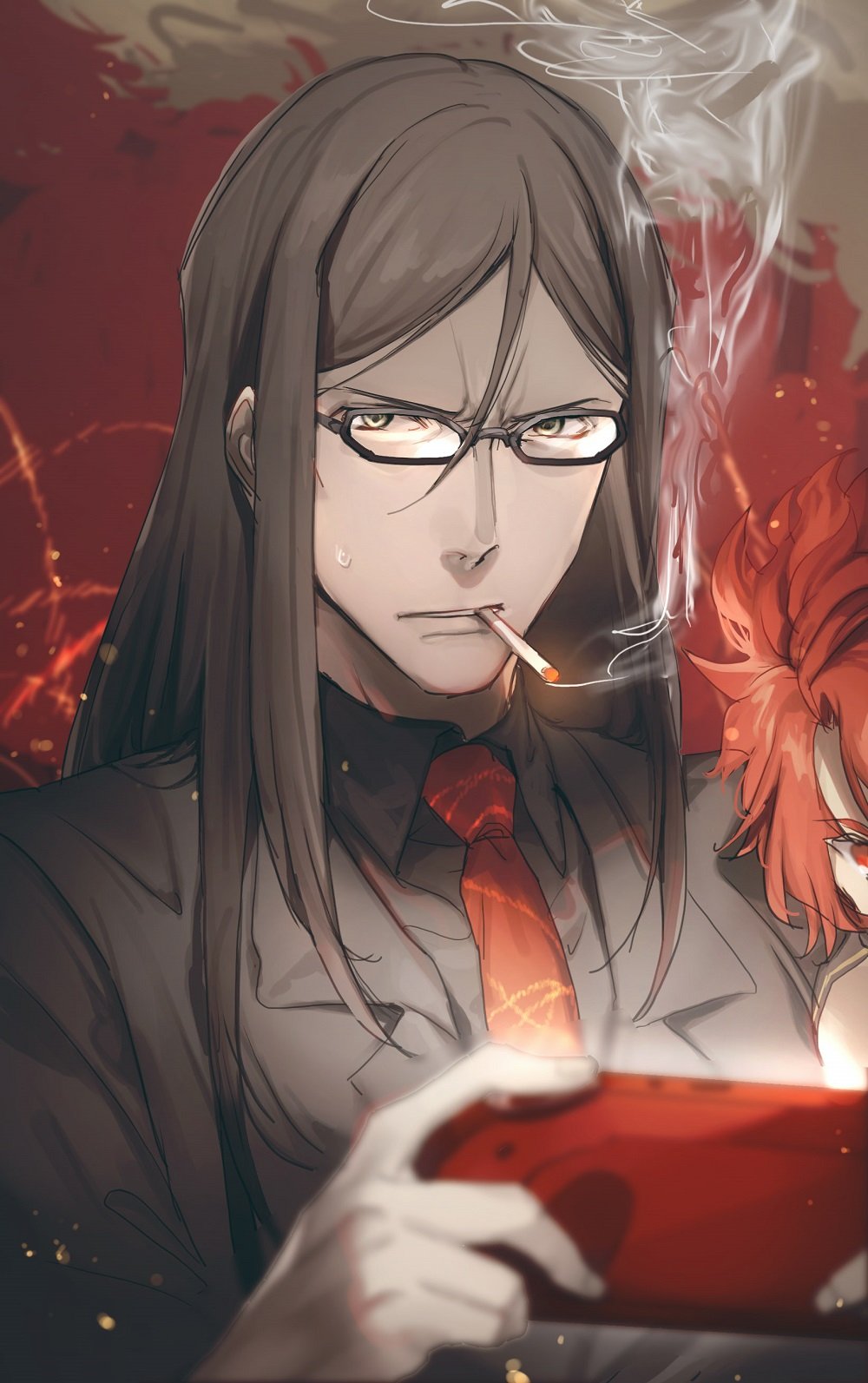 2boys alexander_(fate/grand_order) black_eyes black_hair cigarette close-up fate/grand_order fate_(series) formal handheld_game_console head_out_of_frame highres long_hair looking_at_viewer lord_el-melloi_ii male_focus multiple_boys necktie no-kan playing_games red_hair smoking solo_focus suit waver_velvet