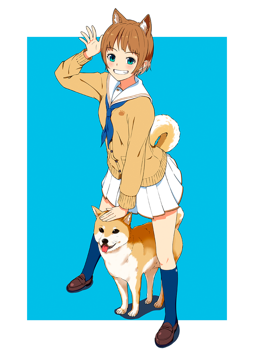 1girl :d animal_ears aqua_eyes blue_background blue_eyes blue_legwear blue_neckwear blush brown_footwear brown_hair brown_sweater dog dog_ears dog_girl dog_tail eyebrows_visible_through_hair grin hand_up hi_iro highres legs_apart loafers looking_at_viewer open_mouth original outside_border petting pleated_skirt sailor_collar school_uniform serafuku shiba_inu shoes short_hair simple_background skirt smile socks solo standing sweater tail waving white_sailor_collar white_skirt