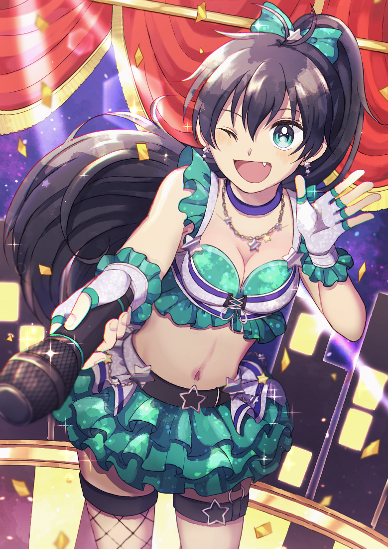 1girl ;d antenna_hair bangs black_hair bow breasts cleavage collarbone cowboy_shot earrings fang fingerless_gloves fishnet_legwear fishnets floating_hair ganaha_hibiki gloves green_bow green_eyes green_skirt hair_between_eyes hair_bow high_ponytail idol idolmaster idolmaster_(classic) jewelry layered_skirt long_hair looking_at_viewer midriff miniskirt nanase_(7749222) navel necklace one_eye_closed open_mouth shiny shiny_hair single_thighhigh skirt smile solo sparkle standing star star_earrings stomach thigh_strap thighhighs very_long_hair white_gloves