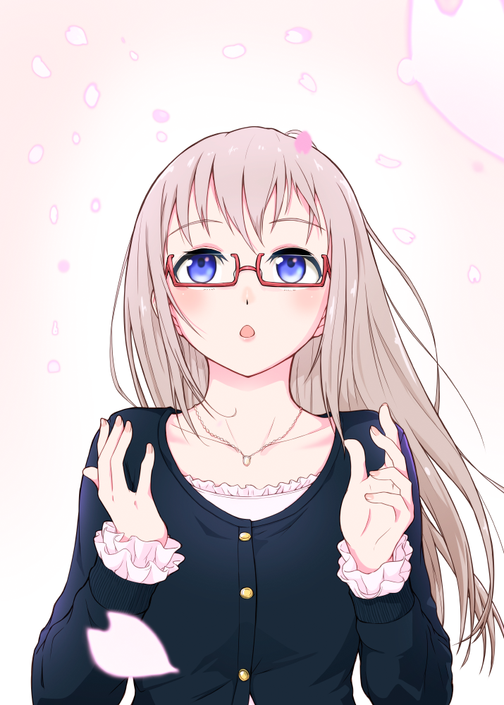 1girl bangs blue_eyes blue_jacket blush cherry_blossoms frilled_sleeves frills hands_up hi_iro jacket jewelry long_hair long_sleeves looking_up necklace original parted_lips pink_background pink_hair red-framed_eyewear semi-rimless_eyewear solo under-rim_eyewear upper_body