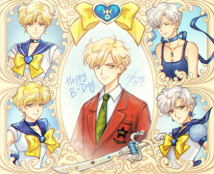 5girls back_bow bishoujo_senshi_sailor_moon blonde_hair blue_bow blue_eyes blue_neckwear blue_sailor_collar bow brooch choker circlet closed_mouth collarbone crescent crescent_earrings crossdressing dated earrings elena_ivlyushkina facial_mark forehead_mark green_neckwear happy_birthday jewelry looking_at_viewer mugen_gakuen_school_uniform multiple_girls multiple_persona necktie princess_uranus puffy_sleeves ribbon_choker sailor_collar sailor_senshi_uniform sailor_uranus school_uniform short_hair signature smile space_sword star star_choker star_earrings super_sailor_uranus super_sailor_uranus_(stars) ten'ou_haruka upper_body uranus_symbol very_short_hair white_hair yellow_bow