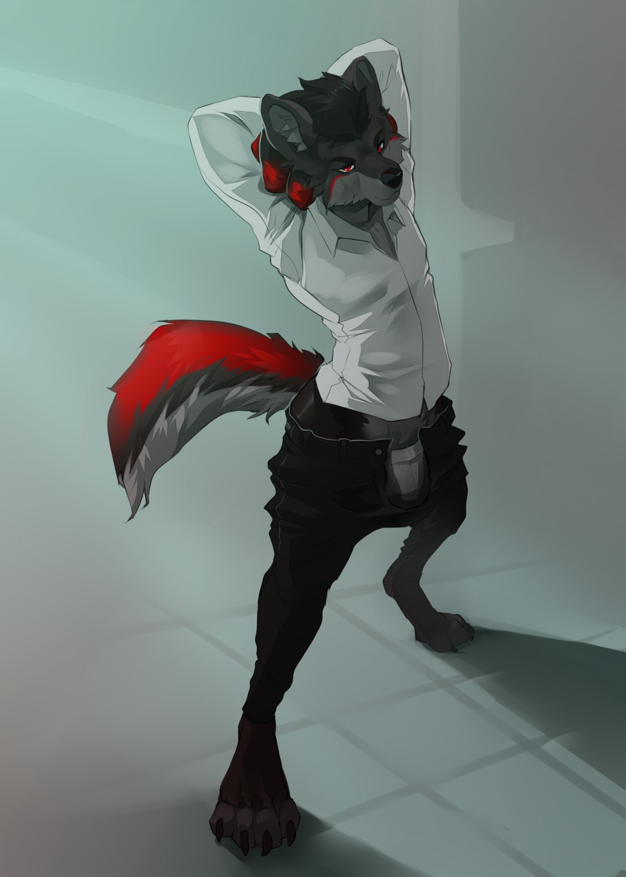 2020 4_toes 5_fingers anthro black_body black_fur black_nose canid canine canis digital_media_(artwork) fingers fur hi_res male mammal red_eyes solo toes viga wolf