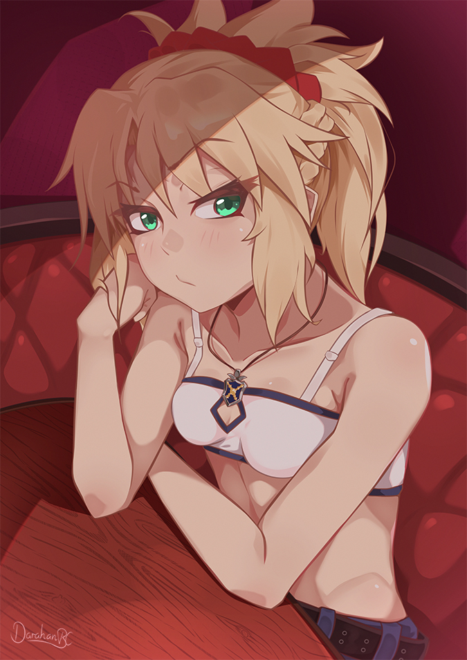 1girl artist_name blonde_hair booth chin_rest darahan fate/apocrypha fate/grand_order fate_(series) green_eyes jewelry looking_at_another midriff mordred_(fate) mordred_(fate)_(all) necklace ponytail pout red_scrunchie scrunchie shorts solo strapless tubetop