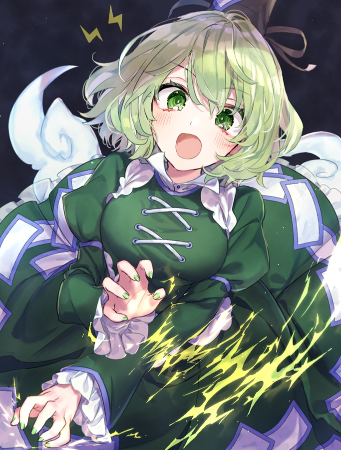 1girl akidzuki_haruhi black_headwear blush breasts commentary_request dress frilled_sleeves frills ghost_tail green_dress green_eyes green_hair green_nails hat large_breasts lightning long_sleeves looking_at_viewer nail_polish night night_sky open_mouth short_hair sky soga_no_tojiko solo star_(sky) starry_sky tate_eboshi touhou wide_sleeves