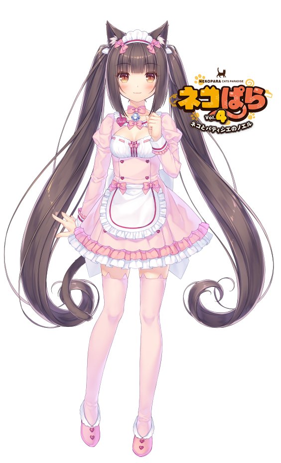 1girl animal_band_legwear animal_ear_fluff animal_ears apron bangs bell blunt_bangs blush bow bowtie breasts brown_eyes brown_hair cat_band_legwear cat_ears cat_girl cat_tail chocola_(sayori) cleavage cleavage_cutout commentary dress english_commentary eyebrows_visible_through_hair frilled_apron frilled_dress frills hand_up jingle_bell juliet_sleeves logo long_hair long_sleeves name_tag nekopara official_art pink_bow pink_dress pink_footwear pink_legwear pink_neckwear puffy_sleeves sayori shoes simple_background slit_pupils small_breasts smile solo tail thighhighs twintails very_long_hair waist_apron white_background zettai_ryouiki