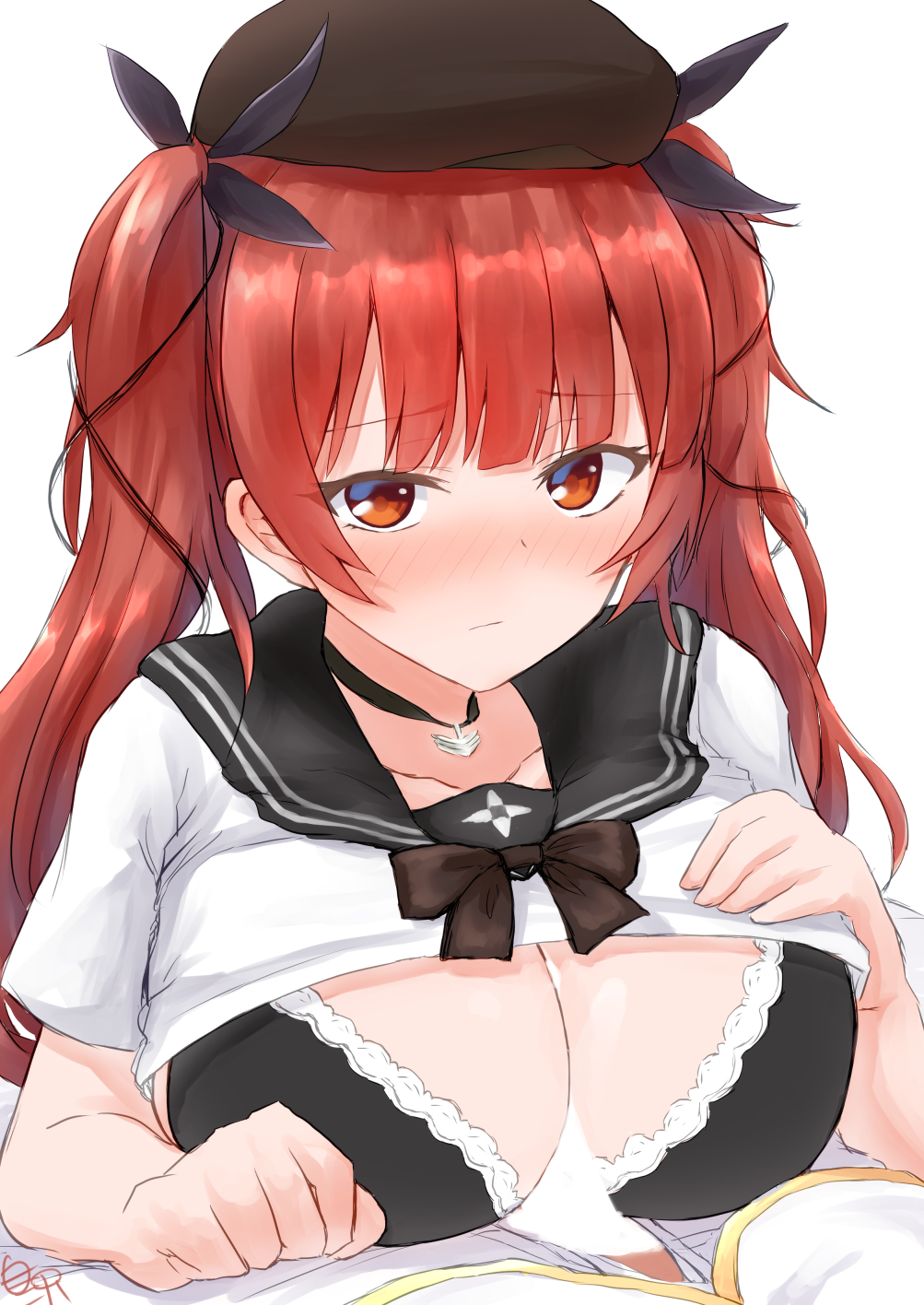1boy 1girl azur_lane bangs black_bra blush bow bra breasts censored cleavage closed_mouth clothed_paizuri collared_shirt eyebrows eyebrows_visible_through_hair full-face_blush hair_bow hand_on_own_chest hat highres honolulu_(azur_lane) honolulu_(parasol_girl)_(azur_lane) jewelry large_breasts long_hair looking_at_viewer necklace paizuri penis red_hair shirazawa shirt shirt_lift short_sleeves simple_background t-shirt twintails underwear white_background white_shirt