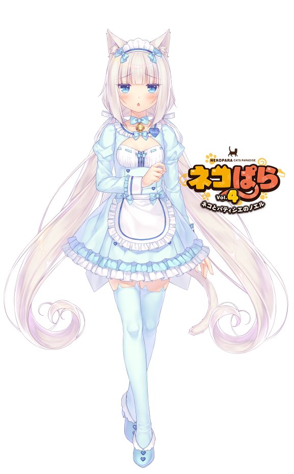 1girl :o animal_band_legwear animal_ear_fluff animal_ears apron bangs bell blue_bow blue_dress blue_eyes blue_footwear blue_neckwear blunt_bangs blush bow bowtie breasts cat_band_legwear cat_ears cat_girl cat_tail chestnut_mouth cleavage_cutout commentary crossed_legs dress english_commentary eyebrows_visible_through_hair frilled_apron frilled_dress frills full_body hair_ribbon jingle_bell juliet_sleeves logo long_hair long_sleeves looking_at_viewer low_twintails maid_headdress name_tag neck_bell nekopara official_art puffy_sleeves ribbon sayori shoes simple_background slit_pupils small_breasts solo tail thighhighs twintails vanilla_(sayori) very_long_hair waist_apron watson_cross white_background white_hair white_legwear white_ribbon zettai_ryouiki