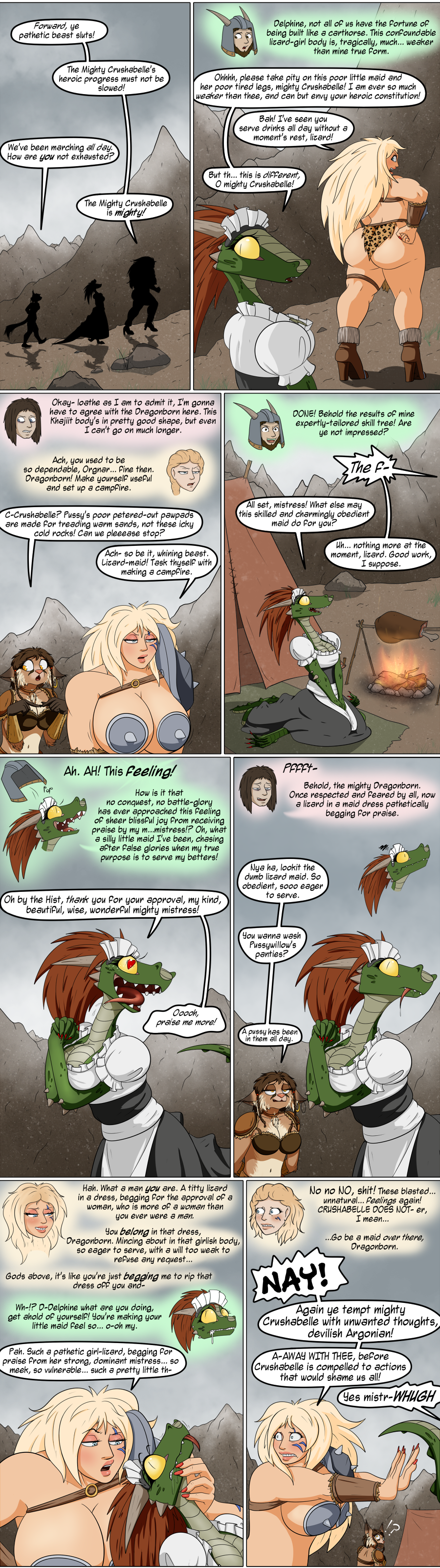 &lt;3 2020 absurd_res anthro argonian armor bethesda_softworks big_breasts bikini_armor blonde_hair blue_eyes bottomwear breasts brown_hair caedere camp campfire chrushabelle cleavage clothed clothing comic detailed_background dialogue english_text felid female fire food fur group hair headgear headwear hi_res horn human khajiit lifts-her-tail lusty_argonian_maid maid_uniform mammal meat muscular non-mammal_breasts outside post_transformation praise pussywillow_moonsugar reptile scalie size_difference sky skyrim smile speech_bubble teeth tent text the_elder_scrolls thick_thighs thought_cloud tongue tongue_out topwear unconvincing_armor uniform valsalia video_games webcomic yellow_eyes