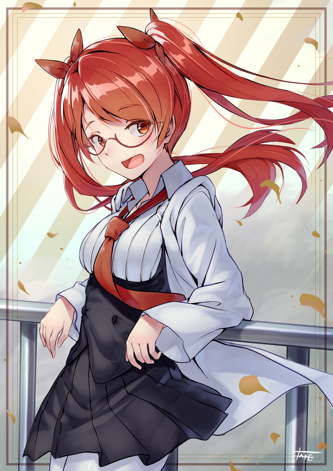 1girl :d bangs blush breasts ekusufeito floating_hair glasses highres honkai_(series) honkai_impact_3rd labcoat long_hair looking_at_viewer necktie nikola_tesla_(honkai_impact) open_mouth pantyhose red_eyes red_hair red_neckwear ribbon shirt sidelocks skirt small_breasts smile twintails white_legwear white_shirt wind