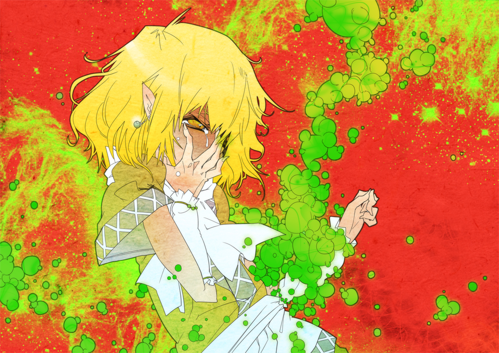blonde_hair colorful earrings hair_over_one_eye hand_on_own_face jewelry mizuhashi_parsee pointy_ears short_hair short_sleeves solo tears tokomichi touhou