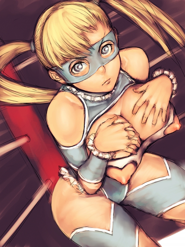 blonde_hair blue_eyes breast_suppress breasts cleavage fumio_(rsqkr) large_breasts long_hair mask nippleless_clothes nipples rainbow_mika solo street_fighter twintails