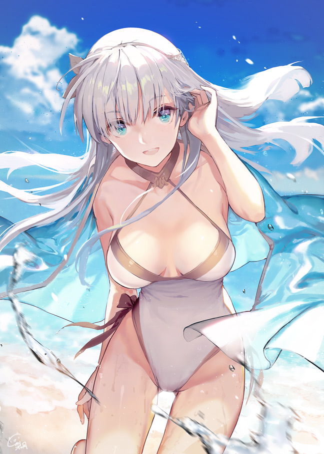 1girl :d anastasia_(fate/grand_order) bangs bare_shoulders beach blue_cape blue_eyes blue_sky blush breasts cape cloud collarbone commentary_request cowboy_shot day eyebrows_visible_through_hair fate/grand_order fate_(series) floating_hair groin hair_between_eyes hair_over_one_eye hair_tucking hairband leaning_forward long_hair looking_at_viewer medium_breasts ocean one-piece_swimsuit open_mouth outdoors revision ritsuki sand signature silver_hair sky smile solo swimsuit very_long_hair wet white_swimsuit wind