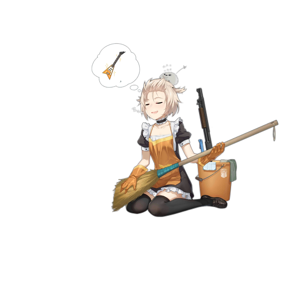 1girl alternate_costume animal animal_on_head apron bangs black_legwear blonde_hair blush breasts broom brown_footwear chilunchilun cloth collarbone dreaming dress drooling electric_guitar facing_viewer flying_sweatdrops frilled girls_frontline gloves guitar gun hair_ornament hair_tie holding holding_broom instrument loafers m1897_(girls_frontline) maid mop_bucket official_art on_head open_mouth orange_gloves puffy_short_sleeves puffy_sleeves shoes short_hair short_sleeves shotgun sitting sleeping sleeping_upright small_breasts solo sparkle thighhighs thighs transparent_background wariza weapon winchester_model_1897 zzz