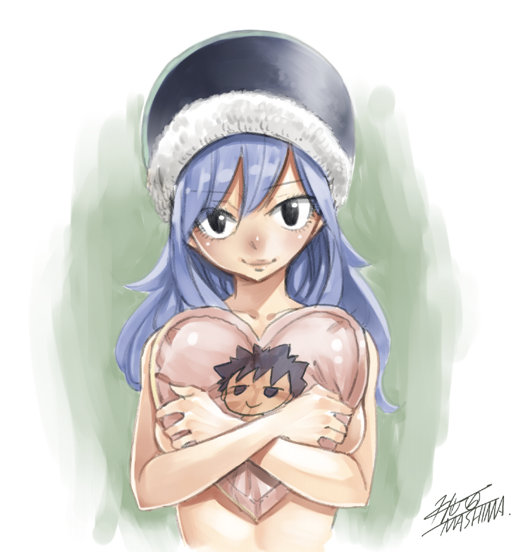 1girl bangs black_eyes blue_hair blue_headwear breast_press breasts character_print closed_mouth collarbone eyebrows_visible_through_hair fairy_tail fur-trimmed_hat gray_fullbuster heart heart_pillow juvia_lockser long_hair looking_at_viewer mashima_hiro medium_breasts nude official_art pillow signature sketch smile solo upper_body white_background