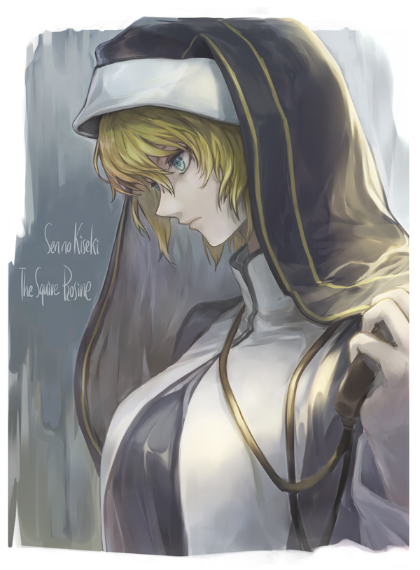 1girl blonde_hair blue_eyes breasts character_name copyright_name eiyuu_densetsu grey_background habit hair_between_eyes irise_ryouji large_breasts lips nun profile rosine_(eiyuu_densetsu) sen_no_kiseki short_hair simple_background solo upper_body