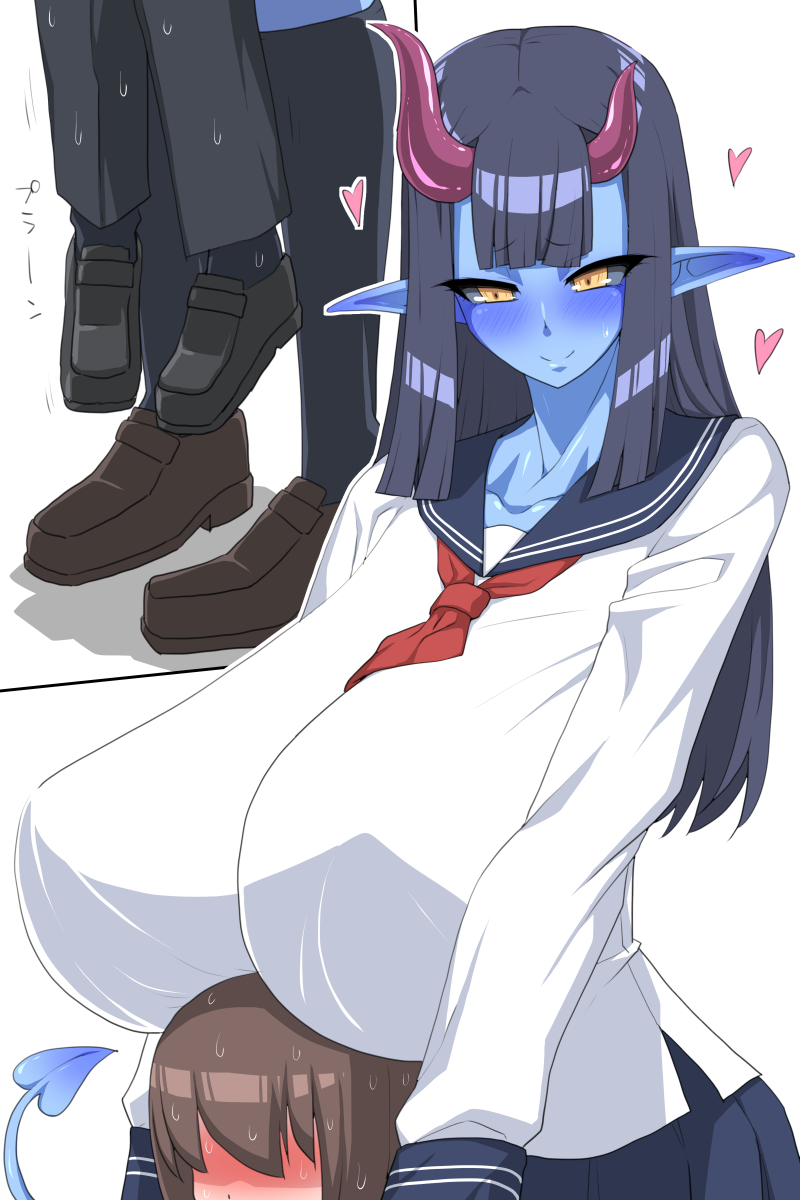 &lt;3 age_difference ambiguous_gender big_breasts black_hair black_sclera blue_body blue_skin blush bottomwear breasts brown_hair clothing curvaceous curvy_figure demon duo faceless_male female female_focus footwear hair hi_res horn hug huge_breasts human humanoid humanoid_pointy_ears long_ears long_hair male mammal necktie older_female pants red_tie school_uniform shoes simple_background size_difference skirt smile spade_tail uniform voluptuous white_background wide_hips yellow_eyes young younger_ambiguous