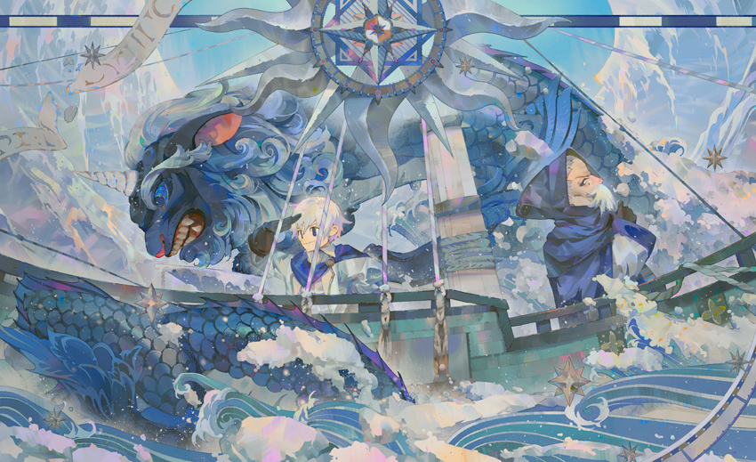 2boys beard black_gloves blue_eyes blue_theme boat cloak compass_rose day facial_hair gloves hand_up lsu_(lowmoo98) male_focus mast monster multiple_boys ocean outdoors pixiv_fantasia_age_of_starlight qilin_(mythology) scales sea_monster shading_eyes snow standing voyager_prince_kyle water watercraft waves waving white_hair wise_emperor_azerstan