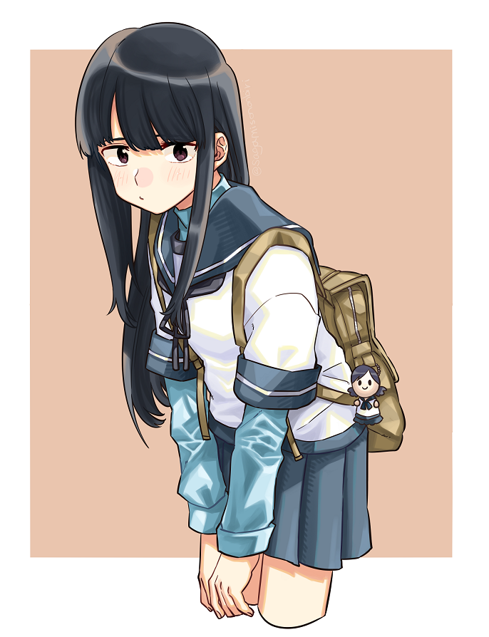 1girl alternate_costume backpack bag bag_charm bangs black_hair black_neckwear blue_sailor_collar blue_skirt blunt_bangs blush charm_(object) closed_mouth commentary cropped_legs hatsuyuki_(kancolle) hime_cut kantai_collection long_hair long_sleeves neck_ribbon purple_eyes ribbon sagamiso sailor_collar school_uniform serafuku shirayuki_(kancolle) simple_background skirt solo twitter_username two-tone_background