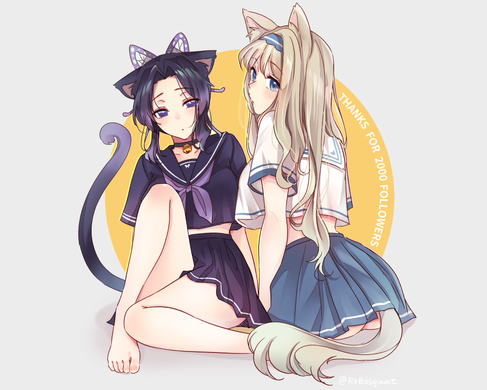 2girls animal_ears barefoot bell black_hair blonde_hair blue_eyes catgirl collar crossover darling_in_the_franxx headband kimetsu_no_yaiba kochou_shinobu kokoro_(darling_in_the_franxx) kyarotto_(zenkixd) long_hair purple_eyes school_uniform short_hair tail