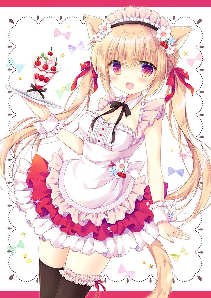 1girl :d animal_ears apron bangs black_legwear blonde_hair blue_flower blush breasts cat_ears cat_girl cat_tail cherry cherry_hair_ornament cleavage commentary_request dutch_angle eyebrows_visible_through_hair flower food food_themed_hair_ornament frilled_apron frilled_legwear frilled_skirt frills fruit hair_between_eyes hair_flower hair_ornament hasekura_chiaki holding holding_tray long_hair looking_at_viewer medium_breasts open_mouth original parfait pleated_skirt red_eyes red_skirt skirt smile solo star tail thighhighs tray twintails very_long_hair white_apron white_background white_flower wrist_cuffs