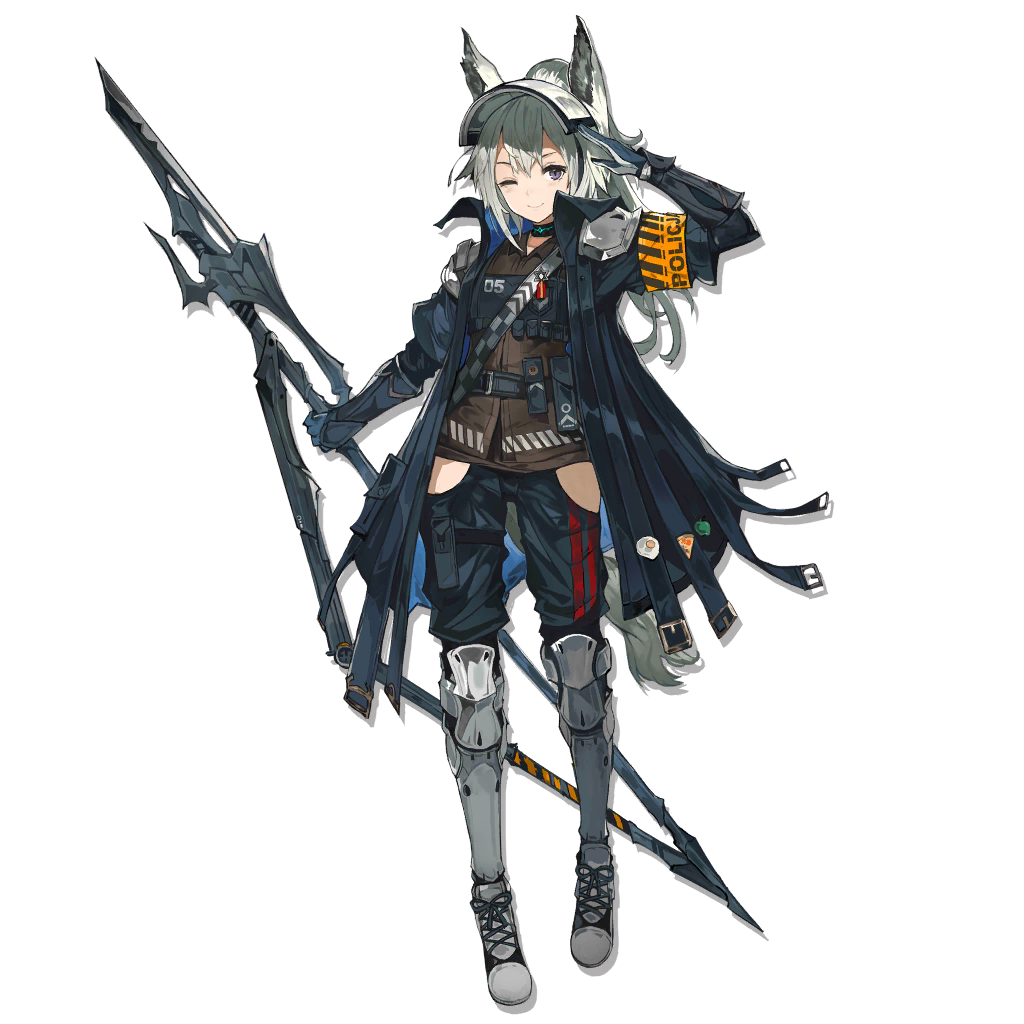 1girl ;) andrian_gilang animal_ears arknights armband bangs blue_coat blue_pants brown_shirt coat flat_chest full_body gauntlets gloves grani_(arknights) greaves grey_eyes grey_footwear grey_hair grey_headwear hip_vent holding holding_spear holding_weapon horse_ears horse_girl horse_tail long_hair looking_at_viewer multiple_straps official_art one_eye_closed open_clothes open_coat pants polearm ponytail popped_collar salute shirt shoes shoulder_guard silver_hair smile sneakers solo spear tachi-e tail transparent_background visor_cap weapon