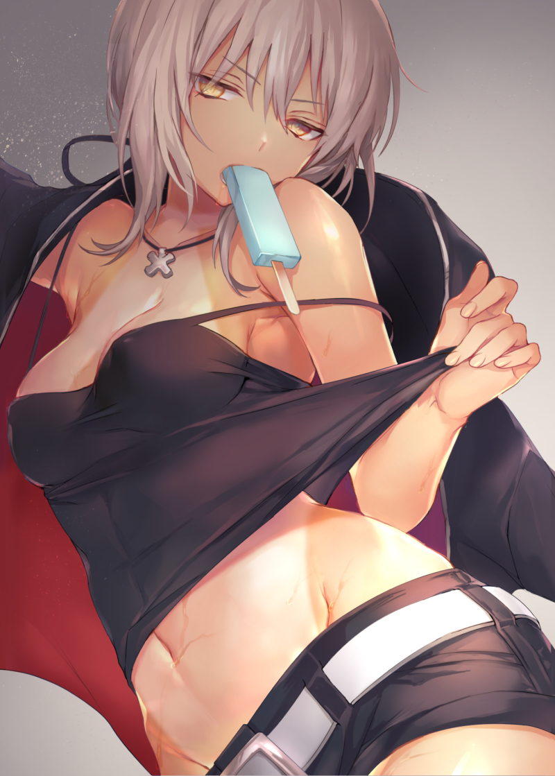 1girl artoria_pendragon_(all) belt black_jacket black_ribbon black_shorts breasts clothes_pull fate/grand_order fate/stay_night fate_(series) food food_in_mouth ice_cream jacket jet_black_king_of_knights_ver._shinjuku_1999 jewelry low_ponytail medium_breasts navel necklace ribbon saber_alter shirt shorts sleeveless sleeveless_shirt tan tanline vivivivi white_belt yellow_eyes