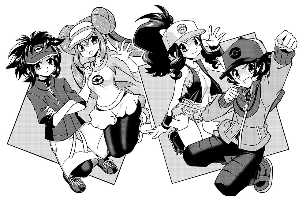 2boys 2girls ayateaori baseball_cap black_(pokemon) breasts collarbone commentary full_body greyscale hat lack-two_(pokemon) long_hair looking_at_viewer monochrome multiple_boys multiple_girls pants pokemon pokemon_special serious shoes shorts small_breasts smile sneakers very_long_hair waving whi-two_(pokemon) white_(pokemon)