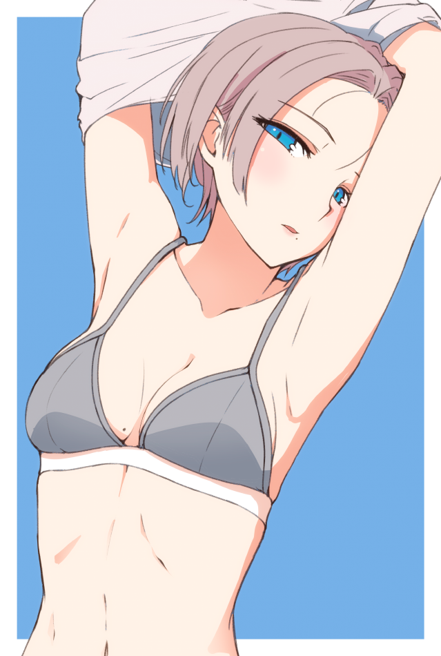 1girl armpits arms_up blue_background blue_eyes blush bra breasts grey_bra grey_hair hands_above_head hi_iro looking_at_viewer mole mole_on_breast mole_under_eye navel original parted_lips short_hair simple_background solo underwear undressing upper_body