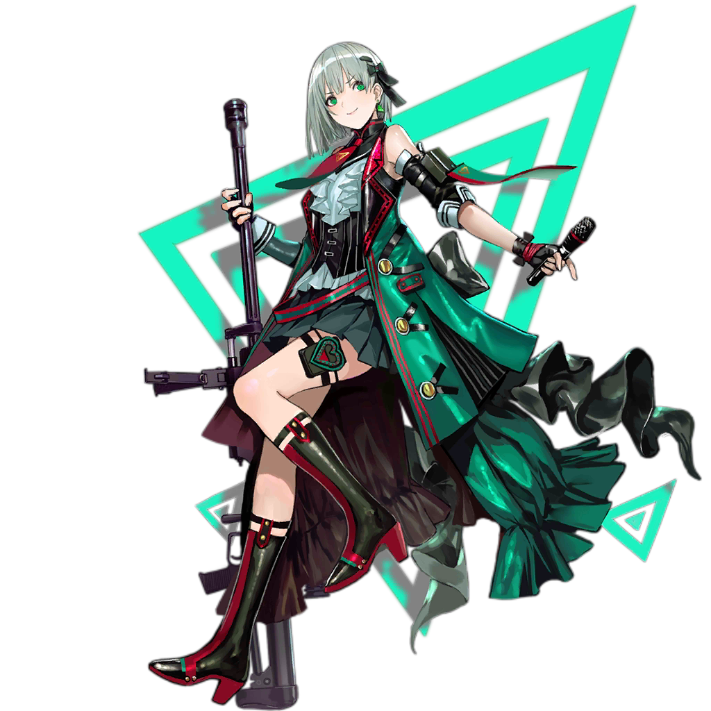 1girl black_footwear black_gloves blush boots closed_mouth earrings eyebrows_visible_through_hair fingerless_gloves full_body girls_frontline gloves green_eyes grey_hair gun high_heel_boots high_heels holding holding_gun holding_microphone holding_weapon infukun jewelry js05_(girls_frontline) knee_boots looking_at_viewer microphone official_art short_hair smile solo transparent_background weapon