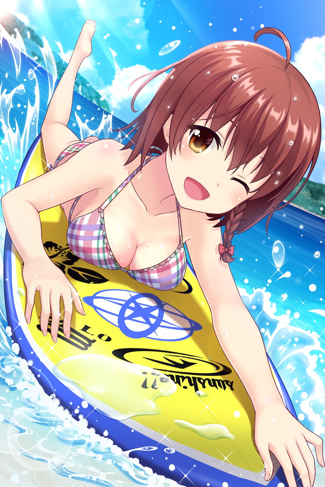 1girl alternative_girls bare_shoulders barefoot beach bikini breasts brown_hair highres official_art one_eye_closed short_hair smile surfboard swimsuit water yuuki_miyaka