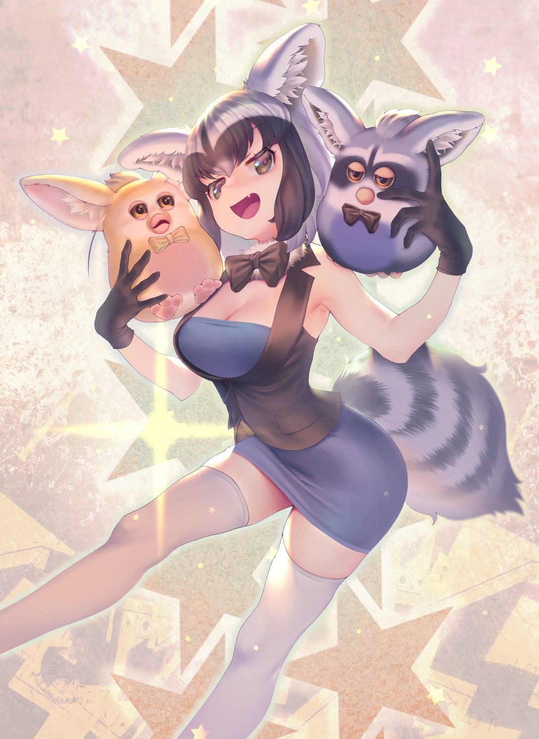 1girl animal_ears black_gloves black_neckwear black_vest blue_dress bow bowtie breasts brown_eyes character_doll cleavage commentary common_raccoon_(kemono_friends) dress fang fennec_(kemono_friends) fur_collar furby gloves grey_hair highres holding holding_stuffed_animal kemono_friends leaning_forward looking_at_viewer medium_breasts mifu_(b24vc1) open_mouth raccoon_ears raccoon_tail short_dress short_hair silver_hair skindentation smile solo standing star starry_background striped_tail stuffed_animal stuffed_toy tail thighhighs vest white_legwear