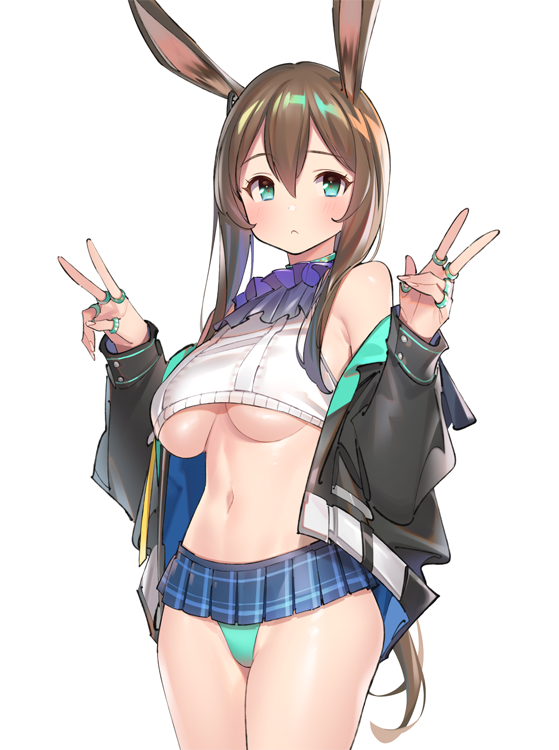 1girl adapted_costume amiya_(arknights) animal_ears aqua_eyes aqua_panties arknights ascot bare_shoulders black_jacket blue_skirt breasts brown_hair bunny_ears closed_mouth cowboy_shot crop_top double_v jacket jewelry large_breasts long_hair looking_at_viewer microskirt midriff navel off_shoulder panties pleated_skirt pop_kyun ring shirt simple_background skirt sleeveless sleeveless_shirt solo underboob underwear v very_long_hair white_background white_shirt