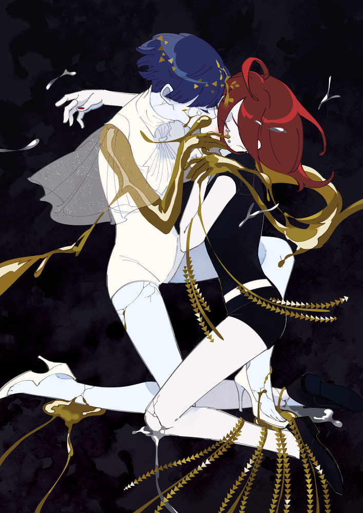 2others bangs belt black_clothes black_footwear black_shorts blue_hair blunt_bangs closed_eyes collar collared_shirt commentary_request damaged from_side full_body gem_uniform_(houseki_no_kuni) gold golden_arms hachibani hair_between_eyes houseki_no_kuni hug kiss long_bangs medium_hair multiple_others neckwear pale_skin phosphophyllite phosphophyllite_(ll) red_hair see-through shinsha_(houseki_no_kuni) shirt shoes short_hair short_sleeves shorts simple_background spoilers white_belt white_footwear white_neckwear white_skin