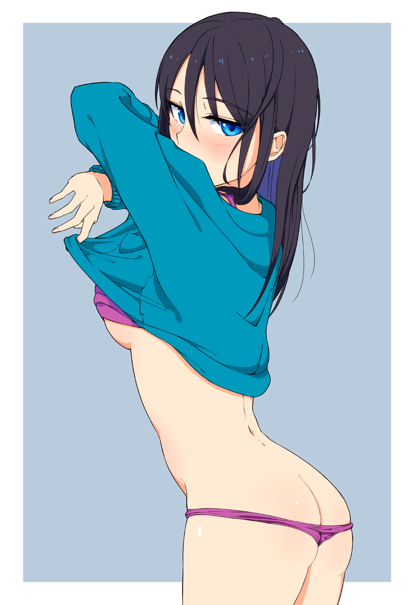 1girl ass black_hair blue_eyes blue_sweater blush bra butt_crack clothes_lift covered_mouth cowboy_shot eyebrows_visible_through_hair fingernails from_side grey_background hi_iro highres lifted_by_self long_sleeves looking_at_viewer looking_back original panties pink_nails purple_bra purple_panties simple_background solo standing sweater sweater_lift underwear undressing