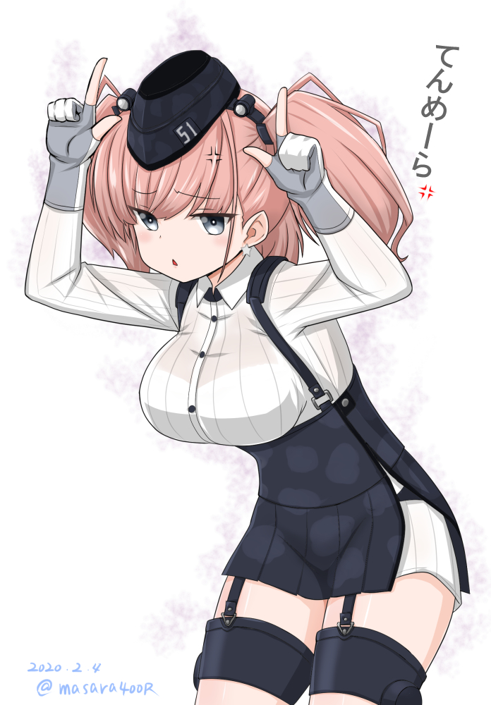 1girl anger_vein atlanta_(kantai_collection) bangs black_skirt blush breasts brown_hair camouflage camouflage_skirt dated earrings eyebrows_visible_through_hair garrison_cap garter_straps gloves grey_eyes hat headgear index_finger_raised jewelry kantai_collection long_hair long_sleeves masara_(masalucky2010) open_mouth partly_fingerless_gloves simple_background single_earring skirt solo star star_earrings twintails twitter_username white_background