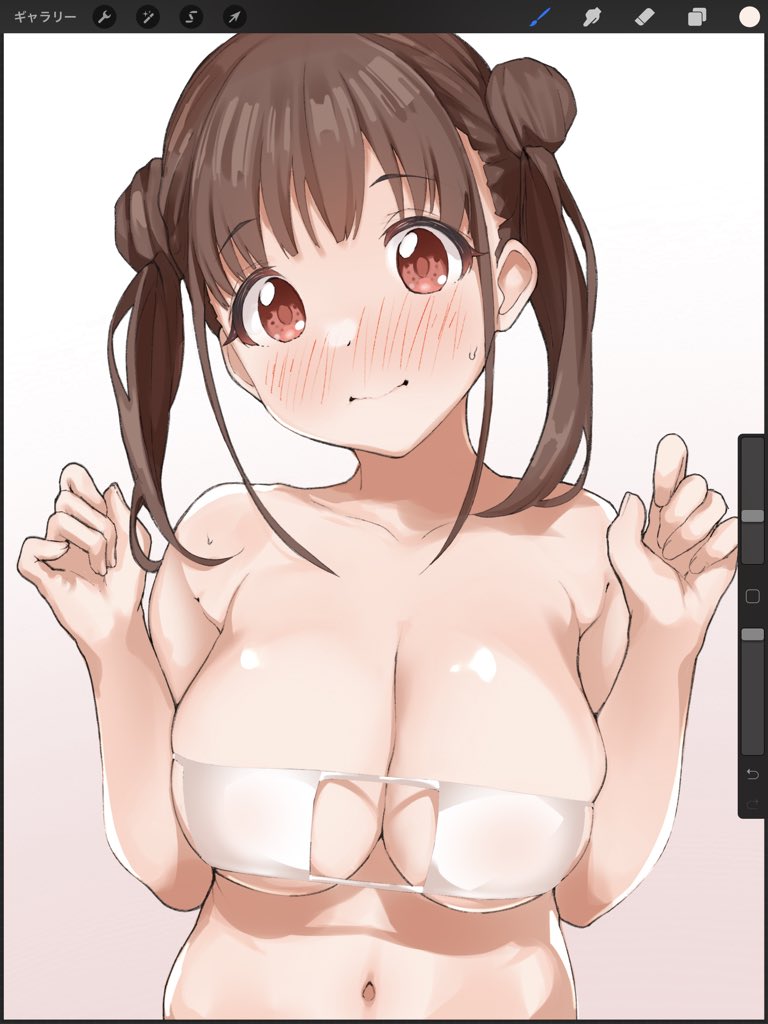 1girl bangs bare_shoulders blush breasts brown_eyes brown_hair cleavage closed_mouth collarbone double_bun eyepatch_bikini hands_up idolmaster idolmaster_shiny_colors large_breasts long_hair looking_at_viewer misekai_555 navel short_twintails simple_background solo sonoda_chiyoko twintails white_background white_bikini_top
