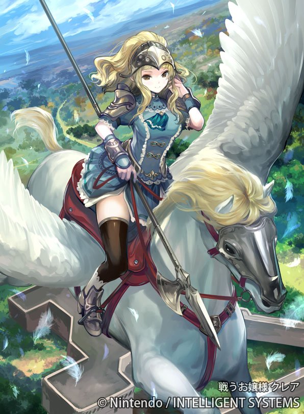 artist_request blonde_hair clair_(fire_emblem) fire_emblem fire_emblem_cipher fire_emblem_echoes:_shadows_of_valentia flying helmet horseback_riding lance official_art pegasus pegasus_knight polearm ponytail riding thighhighs weapon wings yellow_eyes zettai_ryouiki