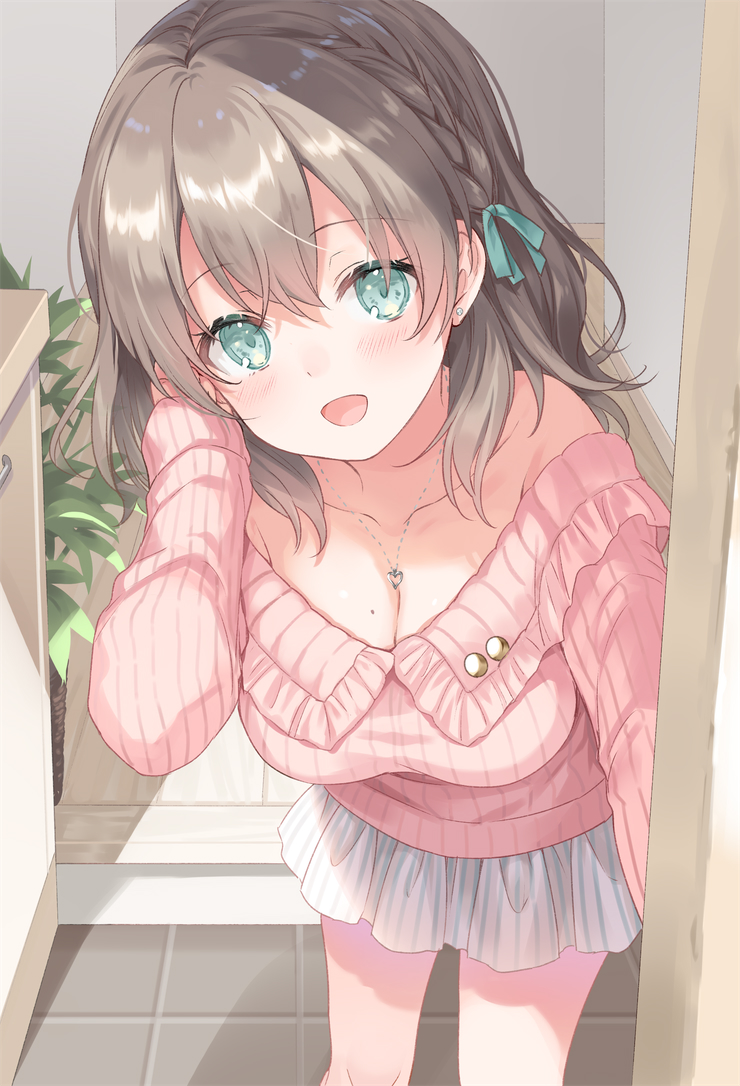 1girl bare_shoulders blue_eyes blue_ribbon blush braid breasts brown_hair cleavage collarbone commentary_request doorway earrings eyebrows_visible_through_hair hair_ribbon hand_in_hair hand_up heart heart_necklace jewelry kurasawa_moko leaning_forward long_sleeves looking_at_viewer medium_breasts medium_hair mole mole_on_breast off-shoulder_sweater off_shoulder open_mouth opening_door original pink_sweater plant pleated_skirt ribbed_sweater ribbon skirt solo standing sweater wooden_floor
