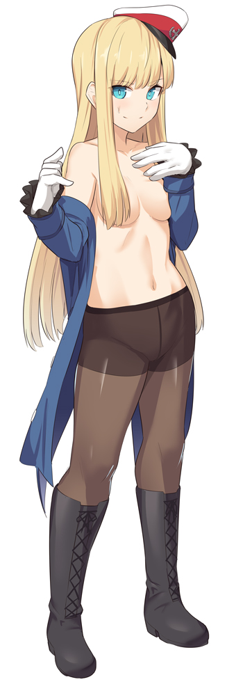 1girl bangs black_footwear black_legwear blonde_hair blue_eyes blue_jacket boots collarbone commentary_request eyebrows_visible_through_hair fate_(series) gloves hat jacket long_hair long_sleeves looking_at_viewer lord_el-melloi_ii_case_files navel no_shirt open_clothes open_jacket pantyhose red_headwear reines_el-melloi_archisorte shiseki_hirame simple_background smile solo white_background white_gloves white_headwear