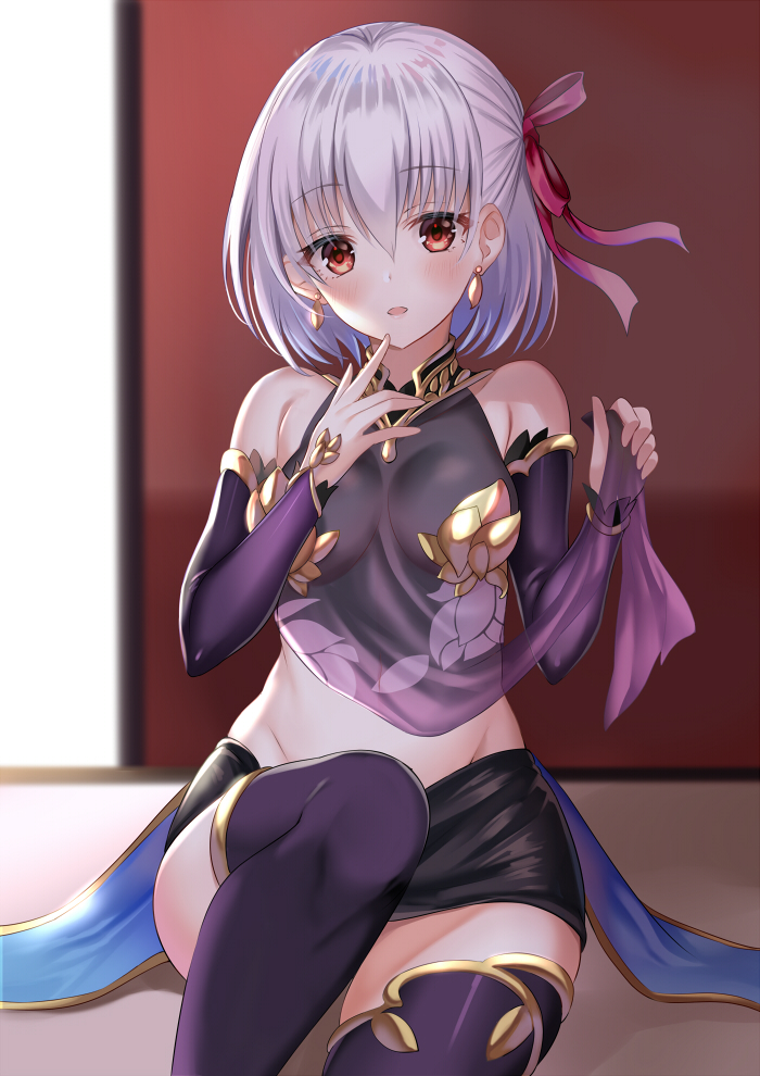 1girl armlet bare_shoulders black_skirt blush bracelet breasts collar detached_sleeves dress earrings eyebrows_visible_through_hair fate/grand_order fate_(series) finger_to_mouth floral_print hair_between_eyes hair_ribbon harimoji jewelry kama_(fate/grand_order) knee_up looking_at_viewer metal_collar open_mouth purple_dress purple_legwear red_eyes red_ribbon ribbon short_hair silver_hair sitting skirt small_breasts smile solo thighhighs thighlet thighs