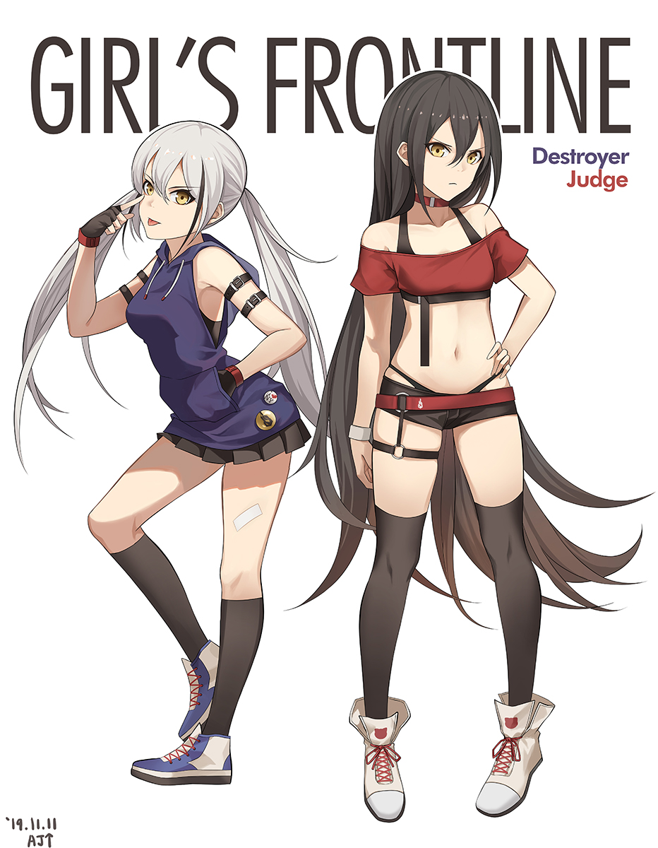 2girls :p alternate_costume ark_john_up arm_strap bare_arms bare_shoulders belt black_gloves black_hair black_legwear black_shorts black_skirt breasts character_name choker collarbone commentary copyright_name crop_top dated destroyer_(girls_frontline) drawstring english_text fingerless_gloves girls_frontline gloves hand_in_pocket hand_on_hip hand_up highleg highleg_panties highres hood hoodie index_finger_raised judge_(girls_frontline) kneehighs long_hair medium_breasts microskirt midriff multicolored_hair multiple_girls navel off-shoulder_shirt off_shoulder panties pleated_skirt red_belt red_choker red_shirt sangvis_ferri shirt shoes short_shorts short_sleeves shorts silver_hair simple_background skirt sleeveless sleeveless_hoodie sneakers socks stomach streaked_hair thighhighs thighs tongue tongue_out twintails underwear v-shaped_eyebrows very_long_hair white_background white_footwear wristband yellow_eyes