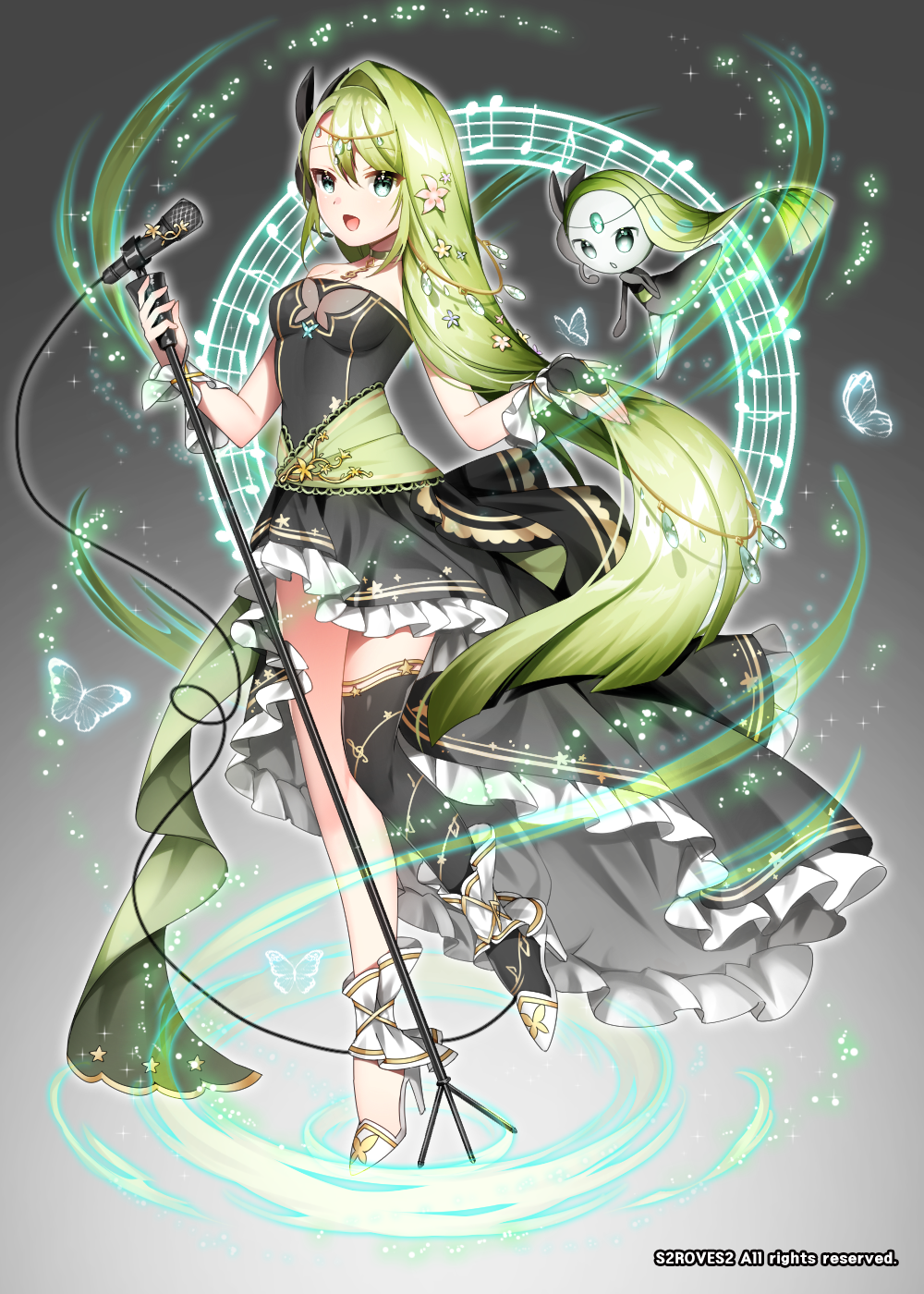 1girl :d artist_name beamed_eighth_notes black_bow black_dress blue_eyes bow breasts choker dress eighth_note flower gen_5_pokemon gradient gradient_background green_hair grey_background hair_flower hair_ornament high_heels highres legendary_pokemon long_hair meloetta microphone music musical_note open_mouth personification pokemon pokemon_(creature) pokemon_(game) quarter_note s2roves2 sash simple_background singing small_breasts smile transparent_butterfly very_long_hair