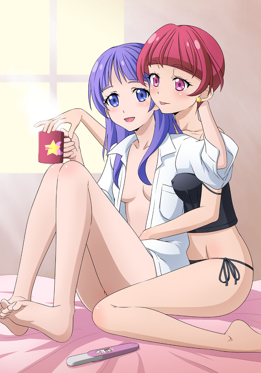 2girls :p arm_up bare_legs bare_shoulders barefoot bed bed_sheet bedroom black_camisole black_panties blue_eyes blush camisole collarbone commentary_request covered_nipples crescent_moon cup earrings eyebrows_visible_through_hair hand_on_another's_head highres holding holding_cup hoshina_hikaru hug hug_from_behind implied_pregnancy indoors jewelry kaguya_madoka knees_up long_hair long_sleeves looking_at_another looking_at_viewer midriff moon mug multiple_girls naked_shirt no_bra no_panties older on_bed open_clothes open_shirt panties pink_eyes pink_hair precure pregnancy_test purple_hair shiny shiny_hair shiny_skin shirt short_hair side-tie_panties sitting sleeveless smile star star_earrings star_twinkle_precure steam strap_slip thighs tongue tongue_out tooo underwear wariza white_shirt window yuri