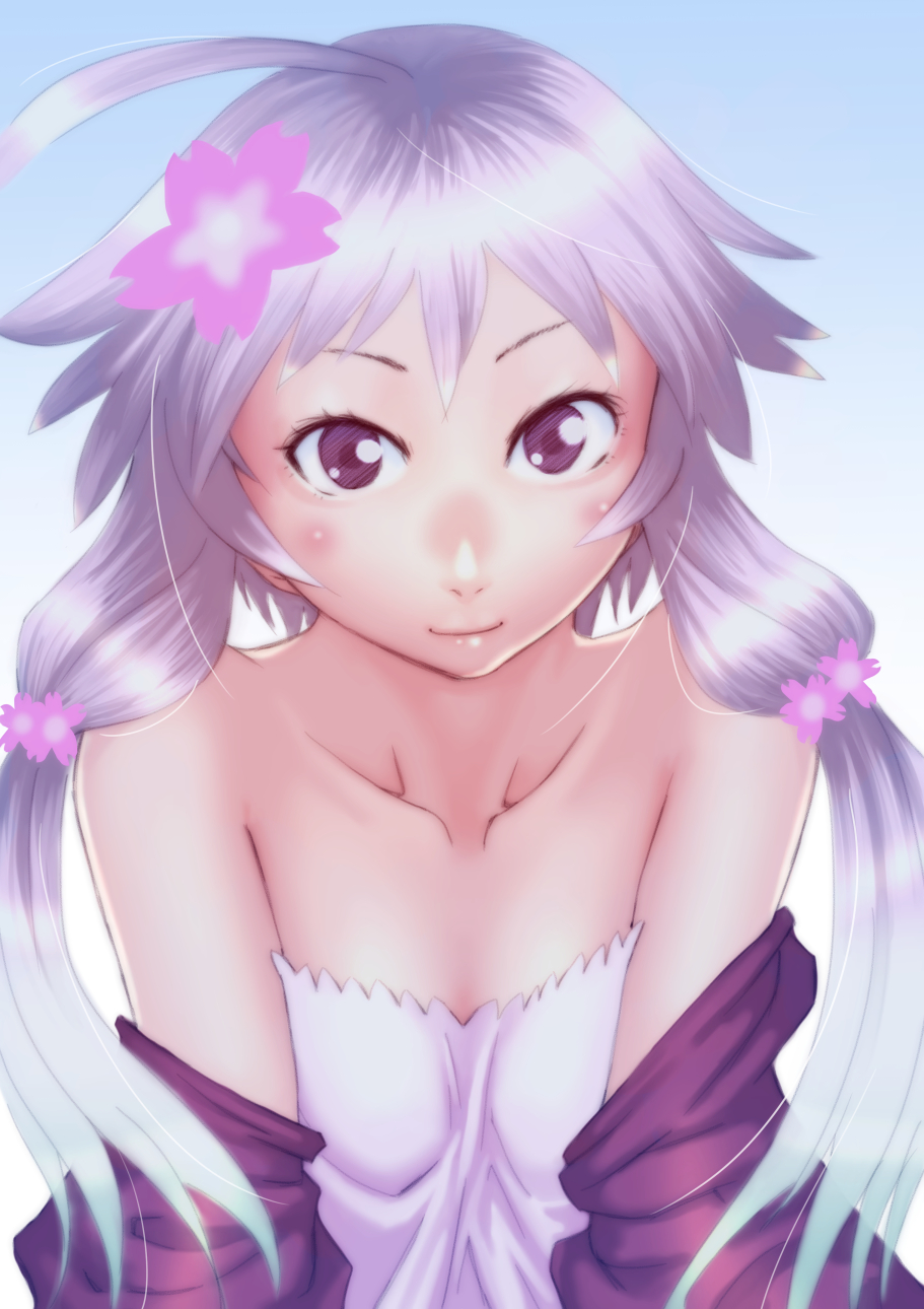 1girl ahoge blush closed_mouth commentary_request dress hair_ornament highres jacket long_hair looking_at_viewer purple_eyes purple_hair short_hair_with_long_locks sidelocks simple_background smile solo soon twintails vocaloid yuzuki_yukari