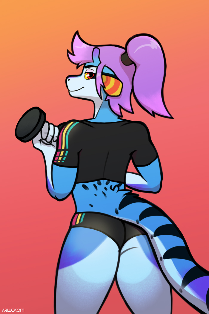 2:3 anthro arwokom athletic bright_colors butt dumbbell exercise female looking_at_viewer mammal scalie simple_background smile solo sport sportswear standing weights workout