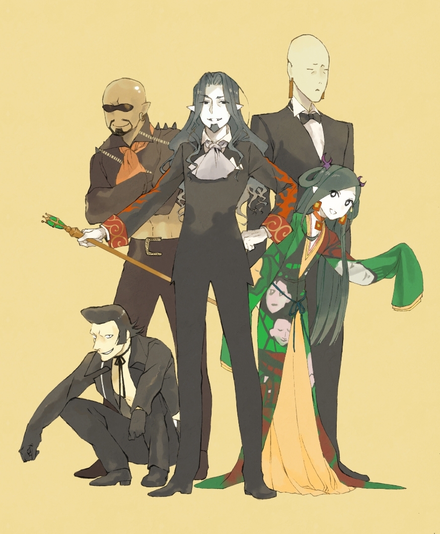 1girl 4boys ascot bald baptistin bertuccio blue_skin bow bowtie count_of_monte_cristo dark_skin dark_skinned_male facial_hair formal gankutsuou goatee green_hair haydee japanese_clothes long_hair midriff misamisa21 multiple_boys pointy_ears squatting staff suit tagme