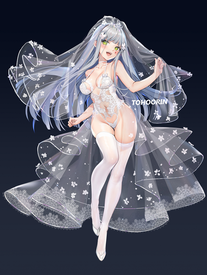 1girl :d ass_visible_through_thighs bare_arms bare_shoulders blue_background blush breasts cleavage collarbone commentary_request covered_navel facial_mark full_body girls_frontline gradient gradient_background green_eyes groin hair_ornament heart_cutout hk416_(girls_frontline) leotard lingerie long_hair looking_at_viewer mamemena medium_breasts open_mouth see-through silver_footwear silver_hair skindentation smile solo straight_hair thigh_gap thighhighs tiara underwear upper_teeth veil very_long_hair waist_cape white_legwear white_leotard