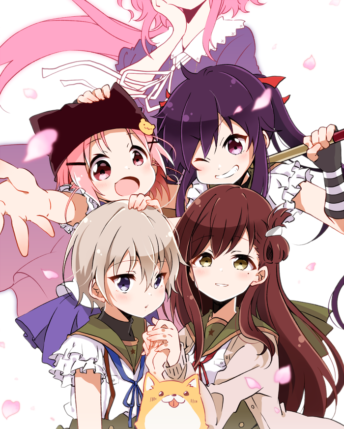 5girls bear_hair_ornament blue_eyes blue_ribbon blush brown_hair cardigan cherry_blossoms dog dress ebisuzawa_kurumi fingerless_gloves gakkou_gurashi! gloves hair_ornament hair_ribbon hairclip hat holding holding_hands long_hair long_sleeves looking_at_viewer mole mole_under_eye multiple_girls naoki_miki one_eye_closed open_mouth pink_hair purple_dress purple_eyes purple_hair red_ribbon ribbon sakura_megumi school_uniform short_hair short_sleeves shovel silver_hair smile spoilers takeya_yuki taroumaru_(gakkou_gurashi) tongue tongue_out twintails wakasa_yuuri white_ribbon x_hair_ornament yellow_eyes yucco_kxoxc